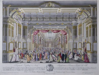 Ball nach der Krönung von Leopold II. zum König von Böhmen in Prag im Jahr 1791 (handkolorierte Gravur)